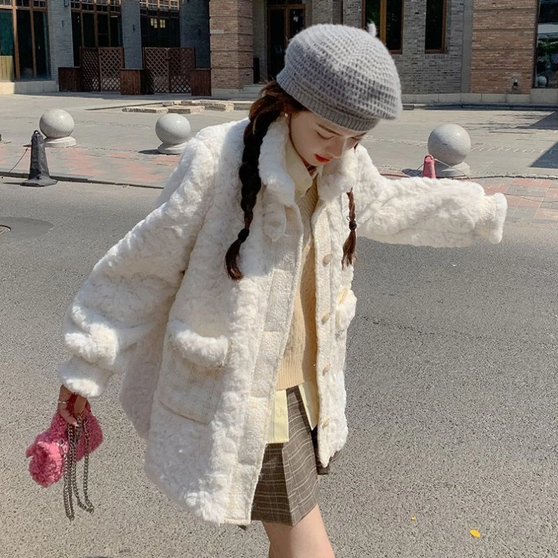 Women's Mid-Length Lamb Wool Coat, Thick, Stand Collar, Loose, Casual, White, Imitation Fur, Winter Outwear, Female Fashion, New