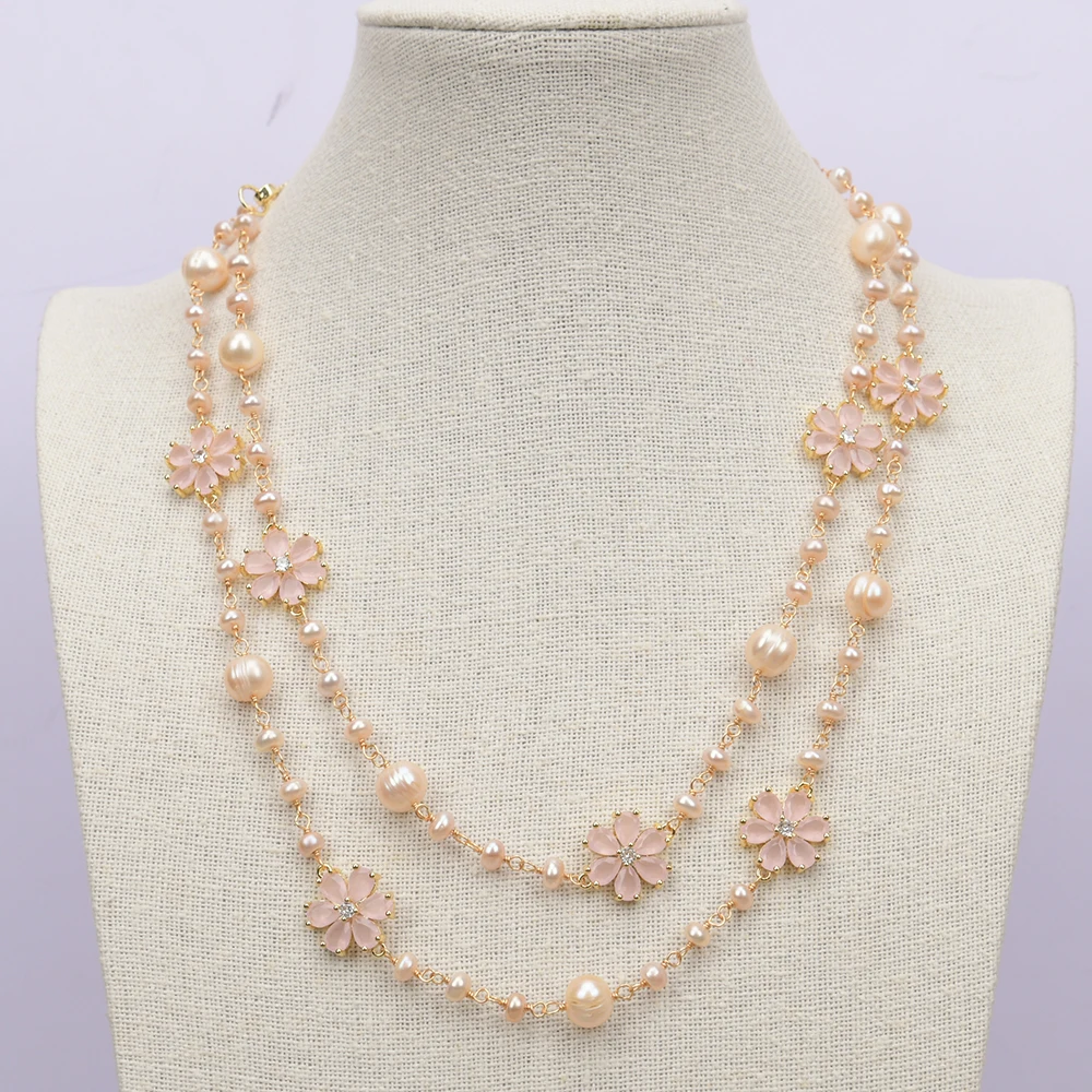 

GG 44'' Freshwater Cultured Pink Potato Round Pearl Pink Crystal Flower CZ Paved Sweater chain Necklace For Lady