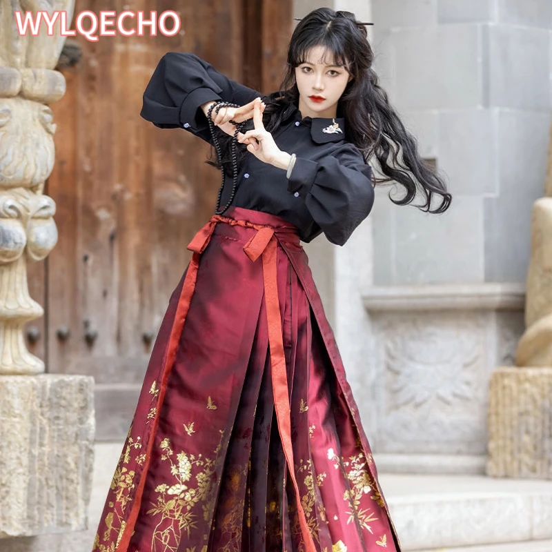 Vestido Tradicional Chino Hanfu 2 Piezas – Falda Plisada Con Bordado De Caballo, Cárdigan Cuello Alto, Para Cosplay