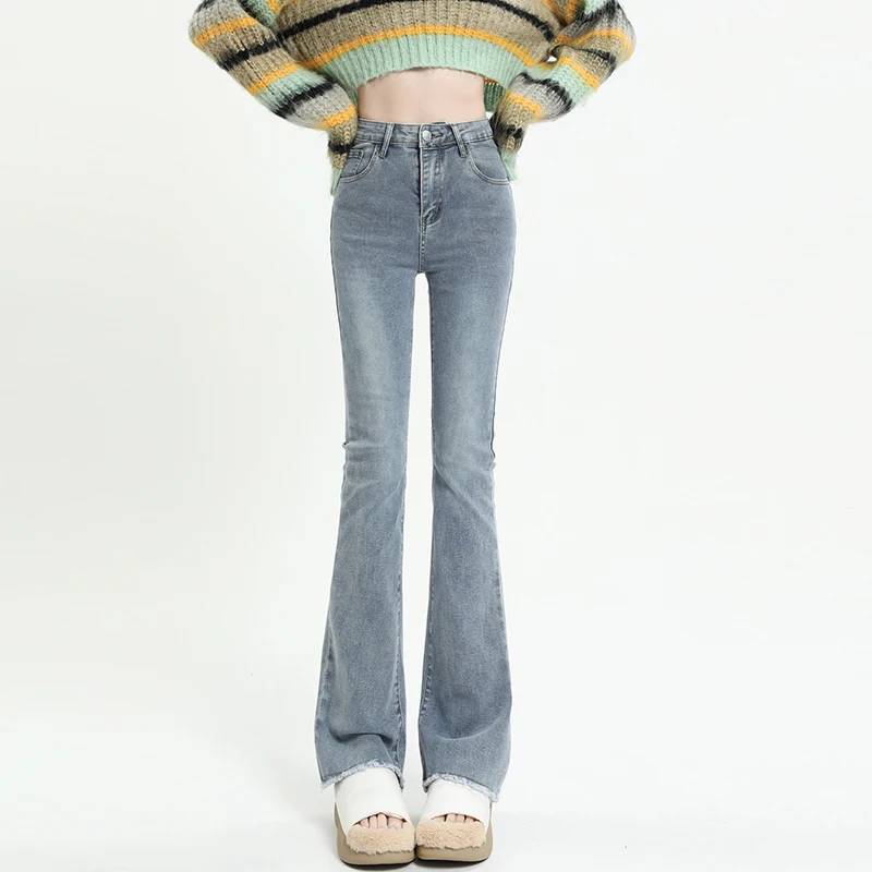 

Spring Summer Flare Jeans Women Cotton Vintage Blue Denim Pants Streetwear Elastic High Waist Slim Harajuku Trousers Plus Length