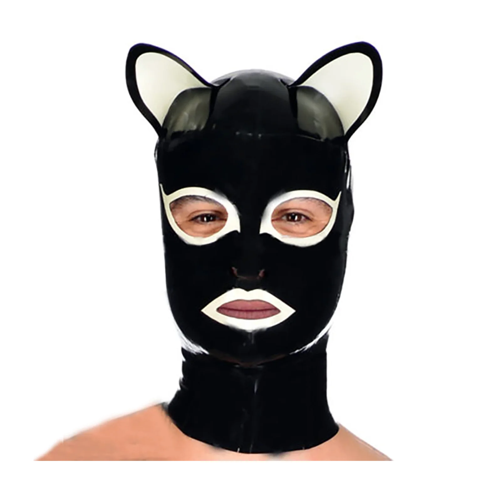 MONNIK Latex Mask Fashion Fetish Hood with White Cat Ears and Rear Zipper for Party Cosplay Halloween Catsuit Clubwear