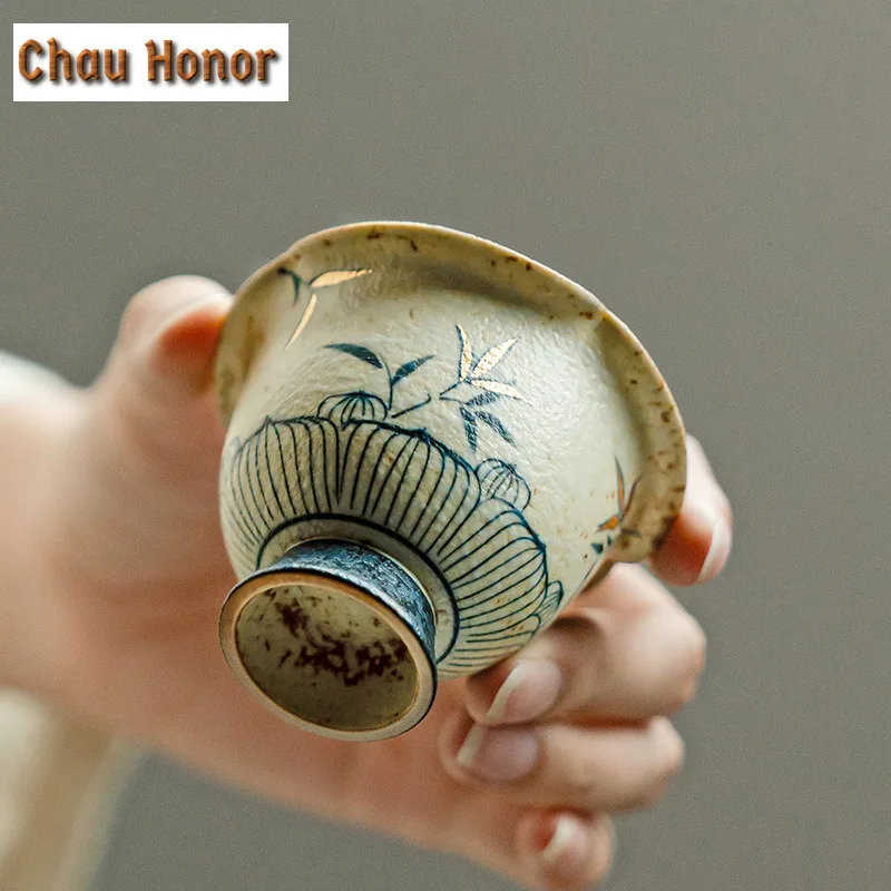 55ml Ancient Blue And White Flint Red Teacup Handmade Gold Drawing Bamboo Tea Bowl Single Cups Meditation Cup Chazhan Teaware