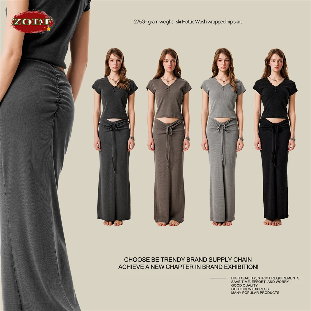 ZODF Retro 2025 Spring Women 275gsm Long Skirt Female Girls Sexy Washed Distressed Slim Fit Skirts HY1002 2