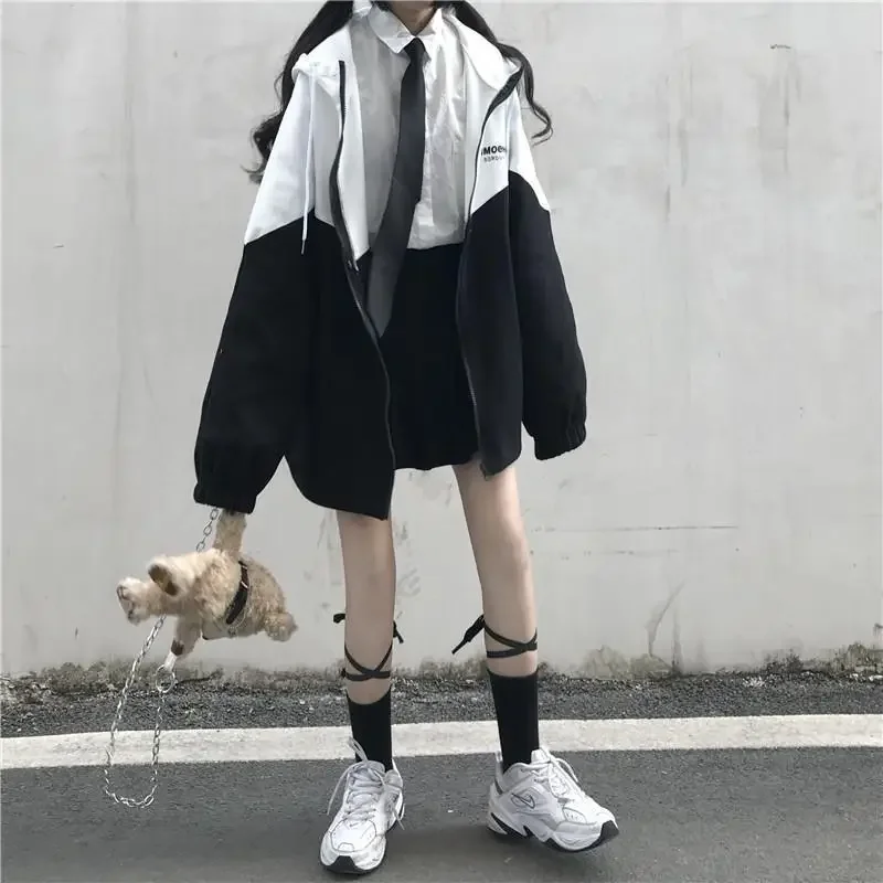 Fashion Zipper Hooded Jacket Women Oversized Varsity Jackets Japanese Female College Coats Korean Streetwear