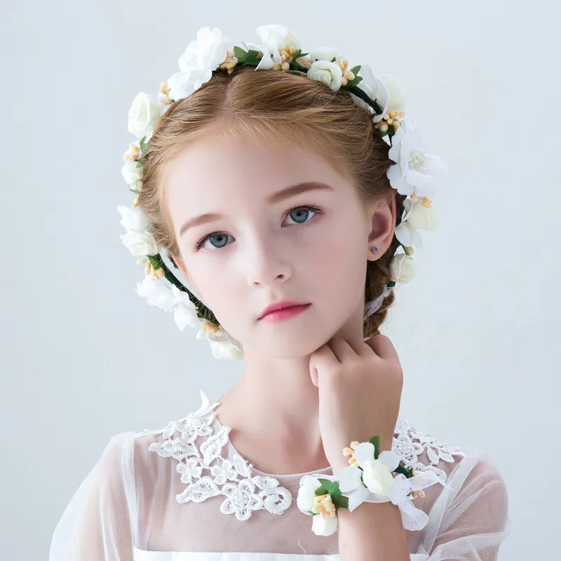 Blume Kopfschmuck Set Für Mädchen – 2 Stück, Verstellbare Blumenkrone Mit Strass & Perlen, Inkl. Handgelenkblume Für Hochzeit & Feiern