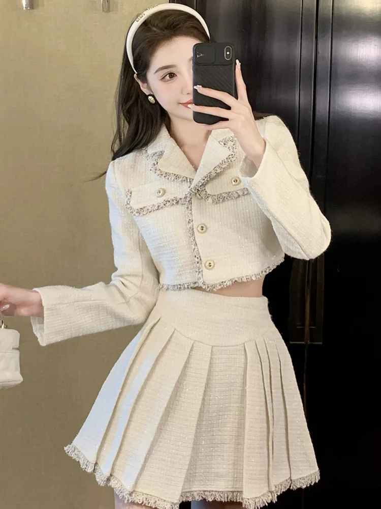 

Autumn Chic Small Fragrant Suits V-neck Crop Tops Short Retro Jacketes + Pleated Skirts High Quality Two-piece Sets For Women