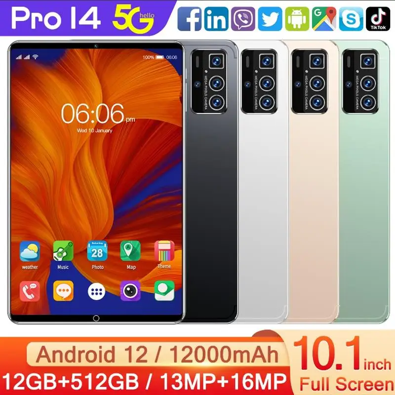 

Планшет Pro14 на Android 12, 8 Гб ОЗУ 256 Гб ПЗУ, экран 10,1 дюйма, 4k HD, двойная SIM-карта