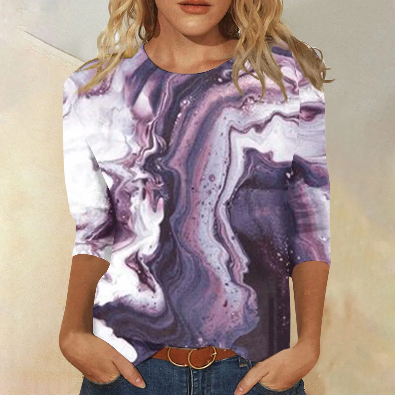 

Women Summer Tops Round Neck Three Quarter Sleeve Comfortable Print T Shirt Blouse Short Sleeve Sports Shirts