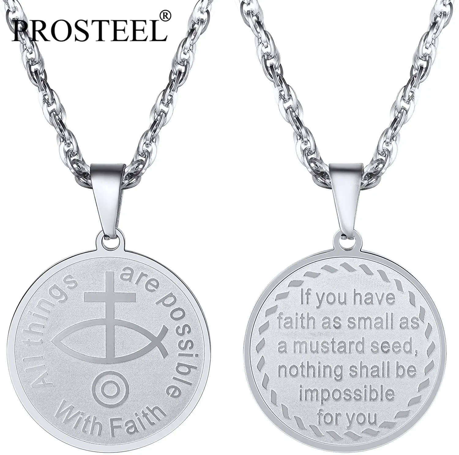 

PROSTEEL Ichthus Fish Cross Christian Symbol Charm Chain Necklace Black/18K Gold/Silver/Blue Bible Verse Scripture Men Pendant