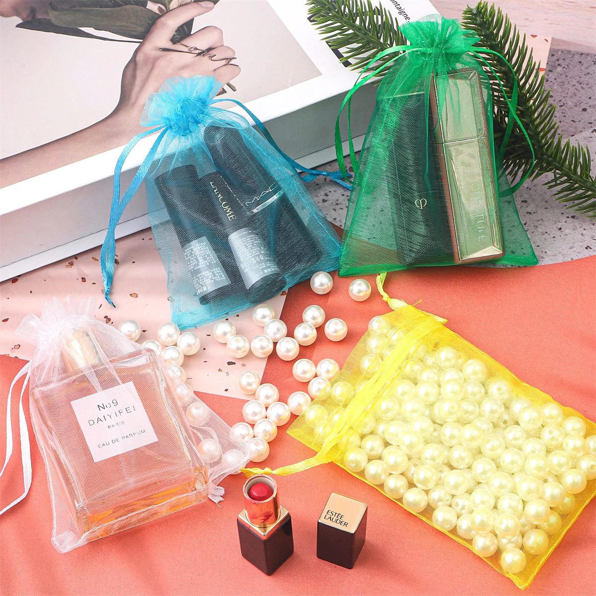 50pcs 7x9 9x12 10x15 13x18cm Gift Organza Bags Drawable Wedding Party Decoration Display Packaging Jewelry Pouches