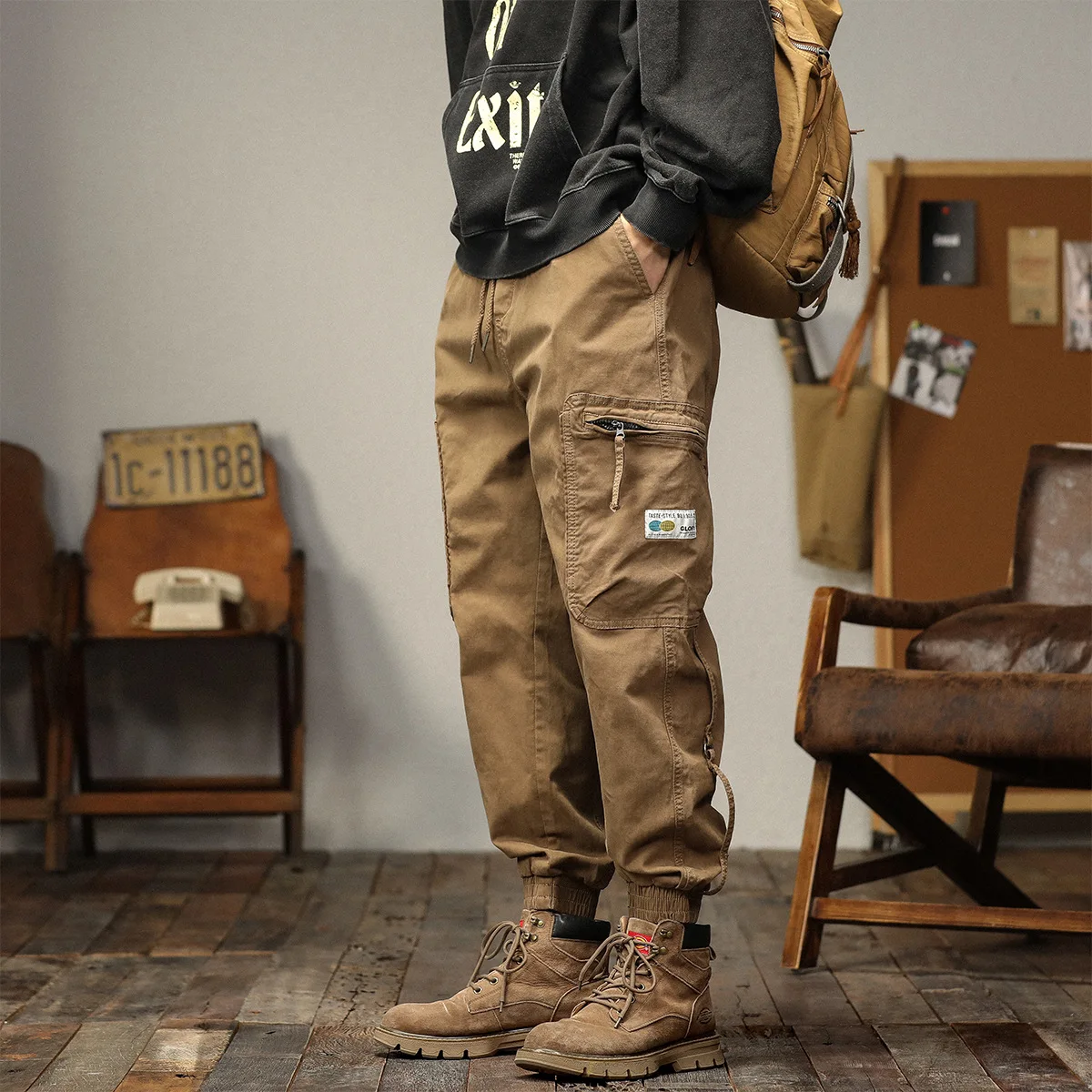 

Elmsk Men's Autumn New American Vintage Workwear Pants Pure Cotton Loose Size Elastic Fashion Versatile Casual Drawstring Pants