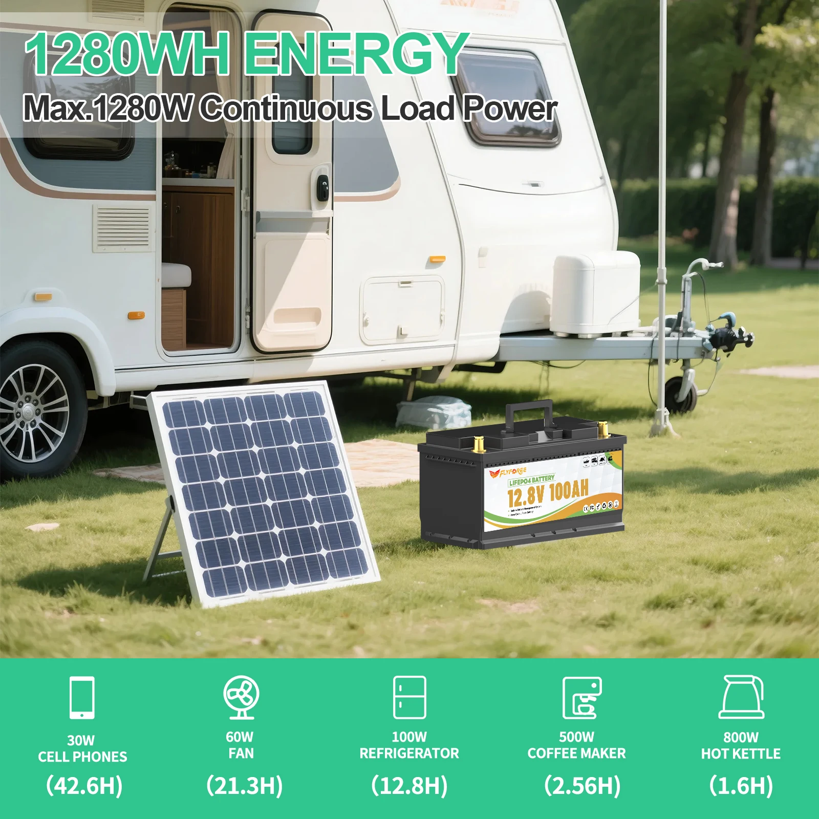 FLLYROWTH 12V 100Ah LiFePo4 Lithium-Akku mit Ladegerät Bluetooth 100A BMS für Wohnmobil-Bootsmotoren Solar-Wind-Lithium-Batterie – Detail 13