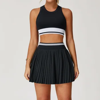 2Pcs Workout Sets Womens Seamless Gym Clothes Sportswear Shock-proof Sport Bra Running High Waist Yoga Tennis Skirt Yoga Suit