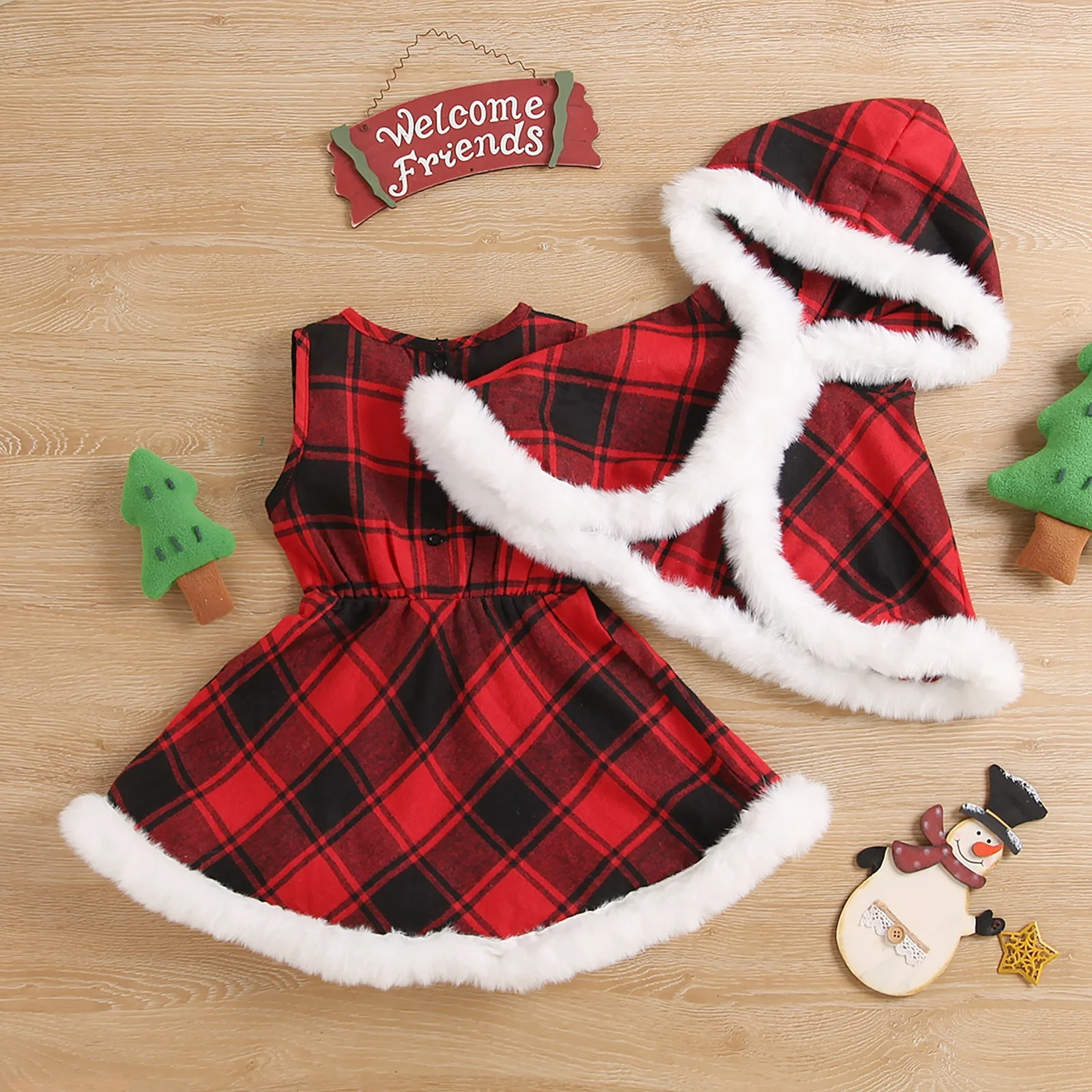 

2-7Y Christmas Kids Girls Red Dress Princess Ruffle A-line Dresses + Fur Hooded Cloak Outfits Xmas Costumes D01
