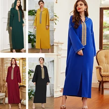 

Tonlinker Muslim Robe Loose Casual Ethnic Embroidery Hooded Long Dress Women's Hollow Out Long Sleeve Front Split Islamic Caftan
