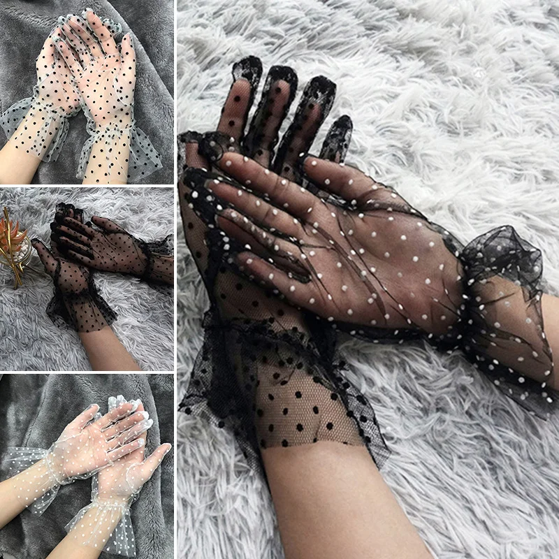 

Women Short Lace Gloves Bridal Wedding Dress Gloves Black Lotus Leaf Sheers Stretchy Gloves Ladies Elegant Dot Tulle Mittens