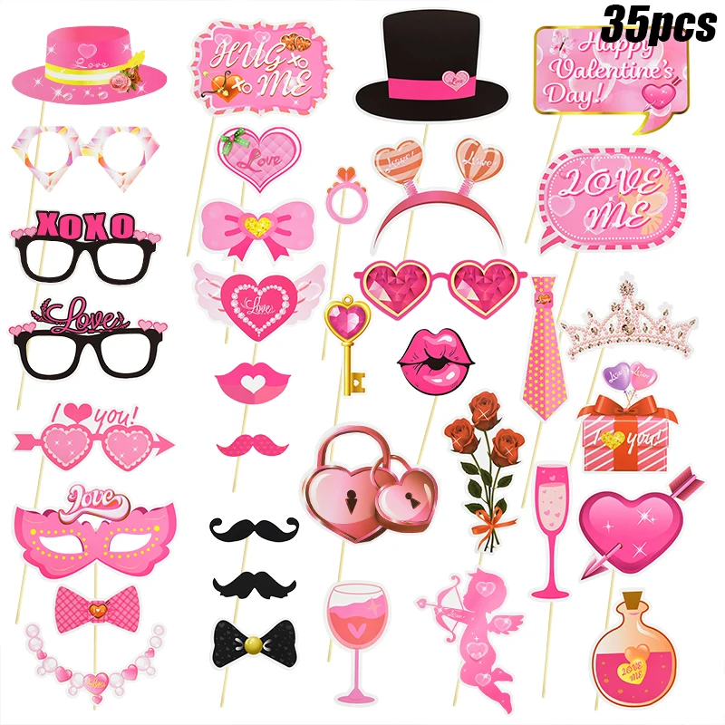

35Pcs Valentines Day Photo Booth Props Set Happy Valentine's Day Decoration Wedding Party Bridal Shower Supplies Love You
