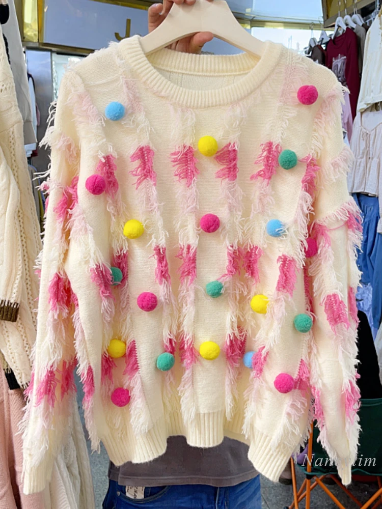 

2023 Korean Style Loose Tassel Sweater Women Heavy Industry Color Ball Tie-Dyed Tassel Long-Sleeved Sweater Top Pull Knitwear