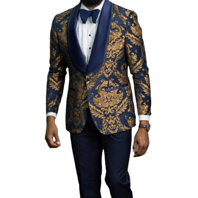 

Navy Blue Floral Men Suits with Satin Shawl Lapel 3 Piece Slim Fit Groom Tuxedo Jacket Vest with Pants Male Fashion Costume
