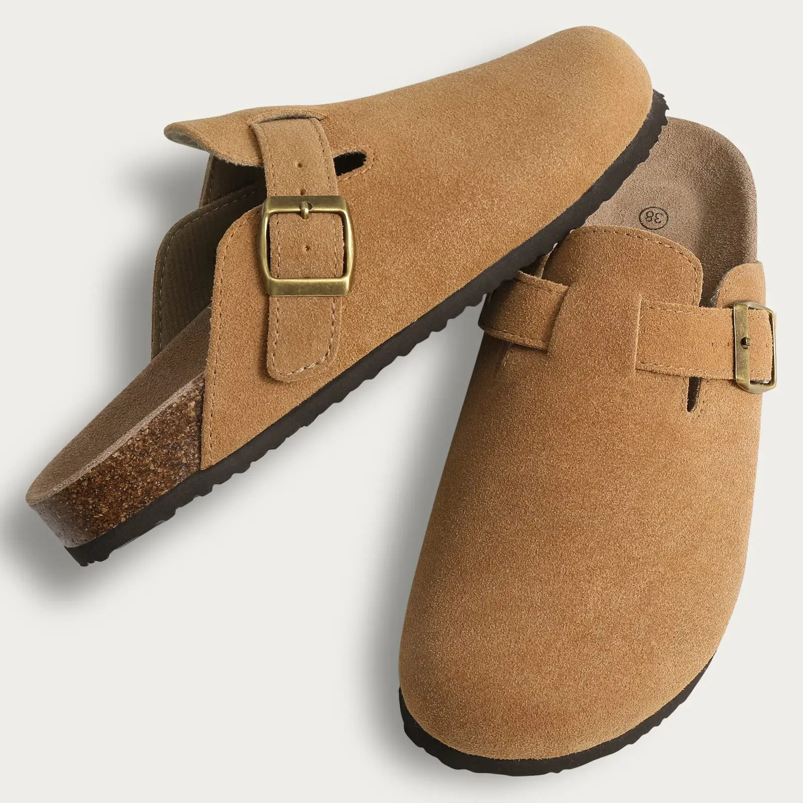 Comwarm Women's Suede Clogs Slippers Men Cork Footbed Leather Mules Arch Support Fashion Potato Shoe Adjustable Buckle