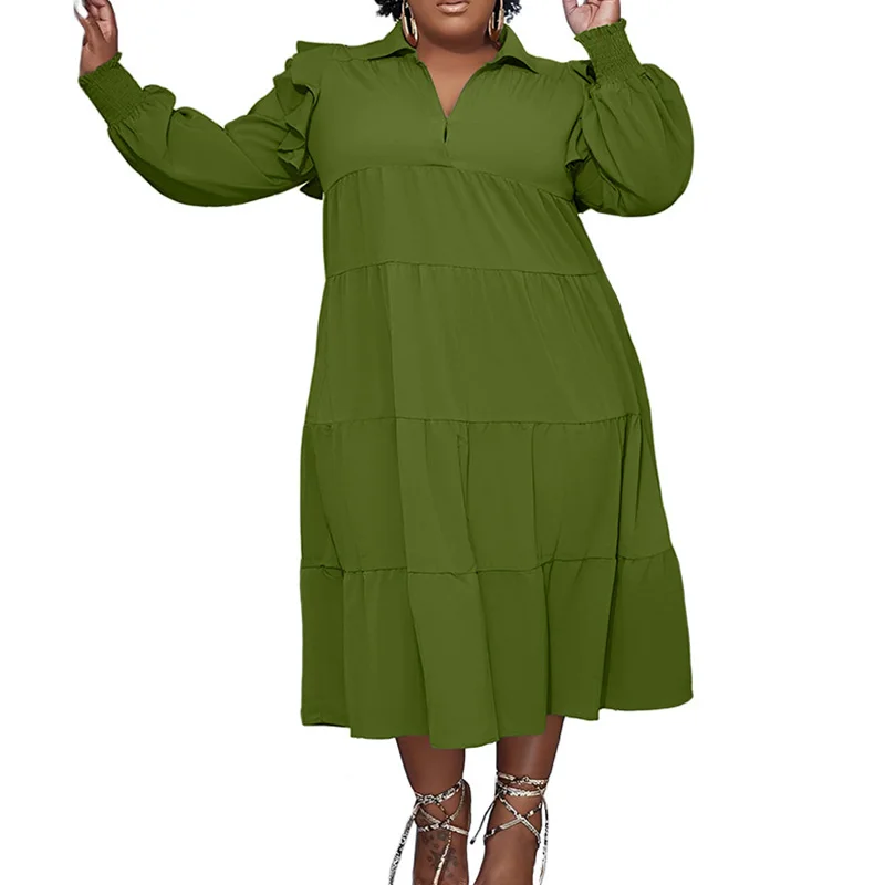 Autumn Fashion Turn-down Collar Solid Color Long Sleeve Casual Loose Shirring Mid Length Cake Dress Plus Size Women's Clothing