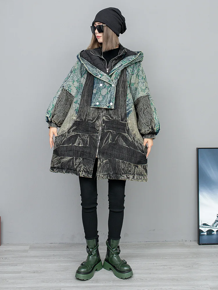 

SuperAen 2023 Winter New Fashion Color Matching Old Denim Cotton Hooded Thick Parka Coat for Women