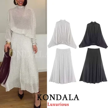 KONDALA Vintage Polka Dot Women Sets Chiffon Bow Tie Loose Blouses Loose Long Skirts Fashion 2026 Spring Summer Holiday Suits 1