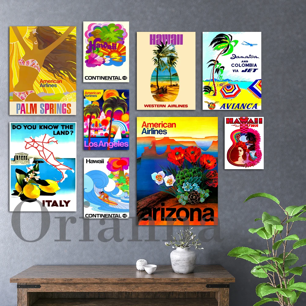 America Angeles Airlines Travel California Arizona Palm Springs Hawaii Italy Caribbean Giamaica Columbia Retro Art Prints Poster