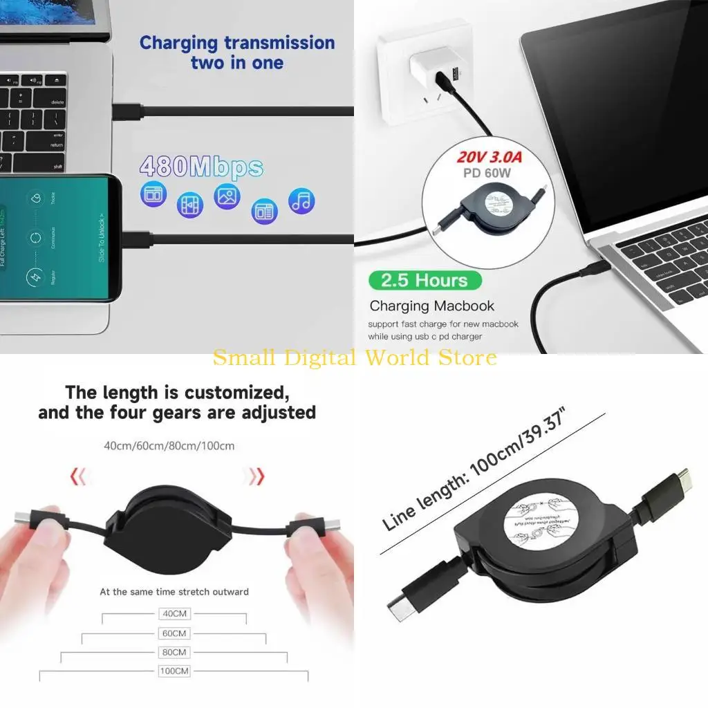 77UB PD 60W USB C Geri Çekilebilir Veri Kablosu, Type C Hızlı Şarj Kablosu için
