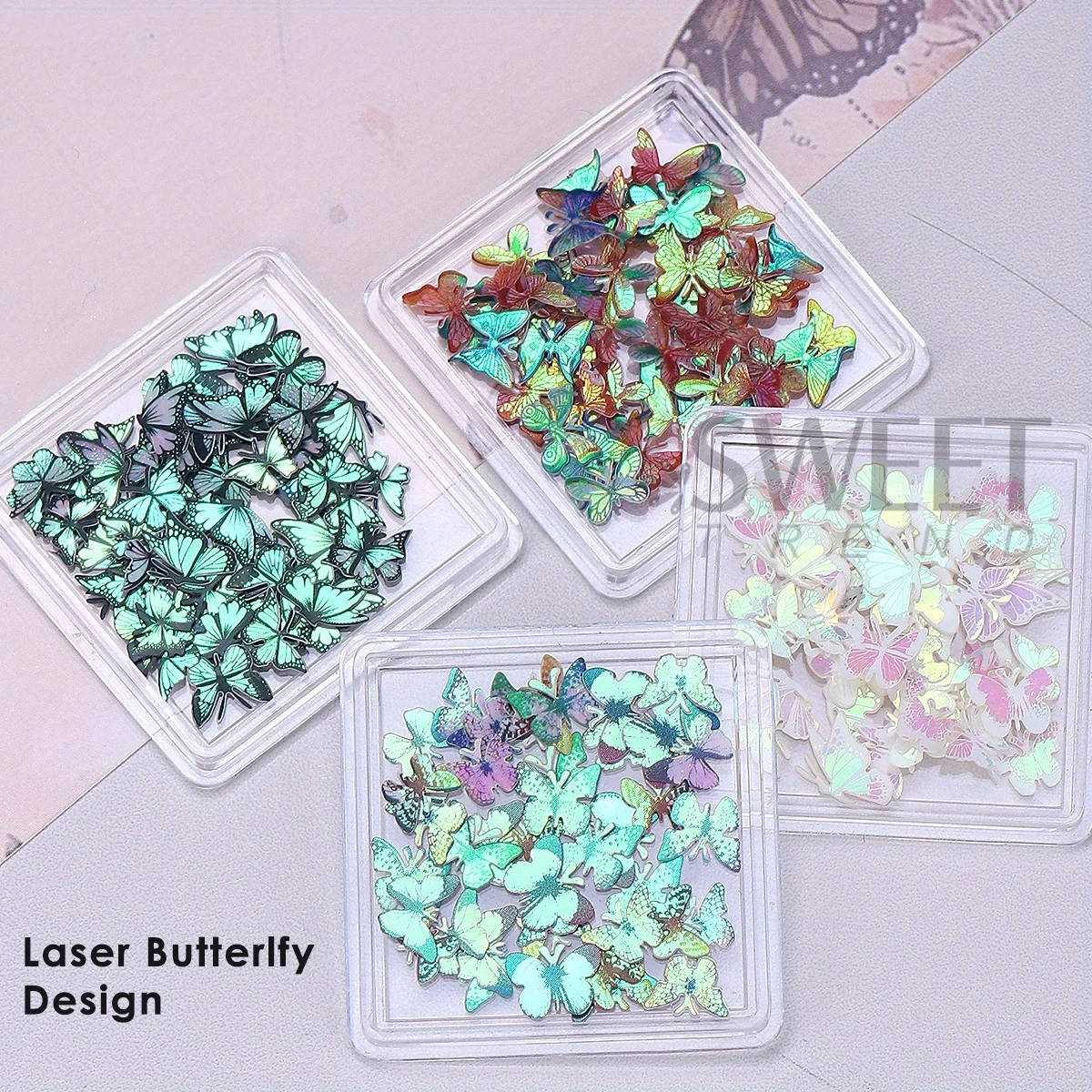4pcs Laser Butterfly Wood Pulp Nail Decoration Holographic Wings Design Summer Jewelry Japanese Style Flake DIY Manicure Slices