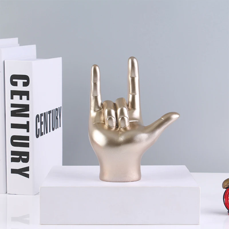 ERMAKOVA 19.5cm Home Decor Interpreter Gift I Love You Sign Language Hand Statue Resin Crafts Figurine Gold Home Decoration