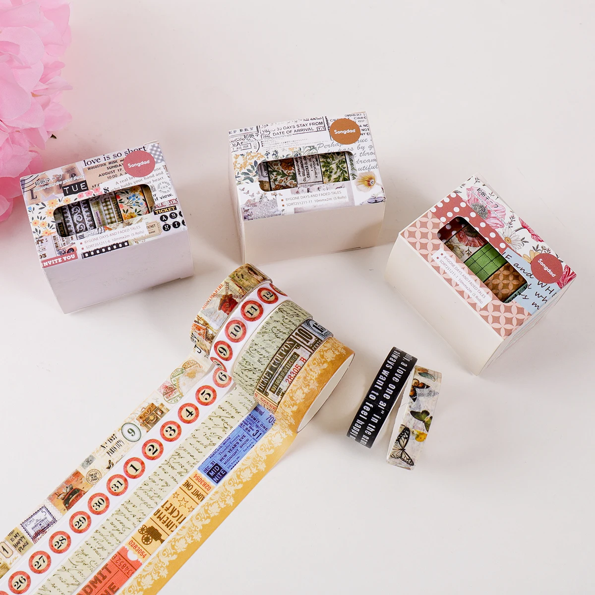 5롤/박스, 레트로 와시 테이프 세트, DIY 핸드북, 소품, 선물 포장 장식, 고급 장식 용품에 적합