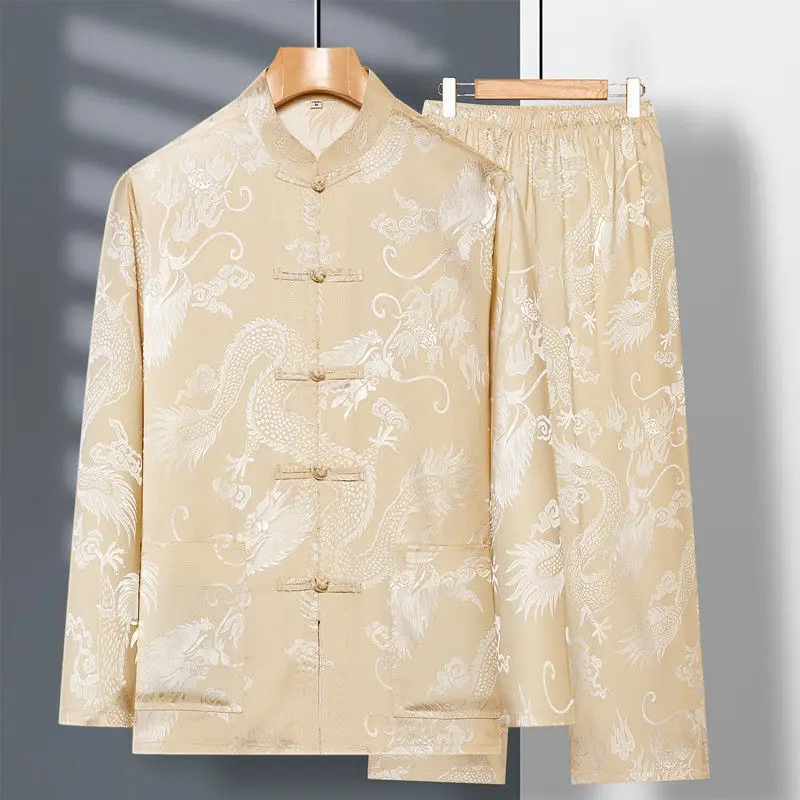 Spring New Middle Aged Elderly Tang Suit Men's Long Sleeved Satin Dragon Kung Fu Chinese Plus Size Shirt Training Clothing tai chi clothing