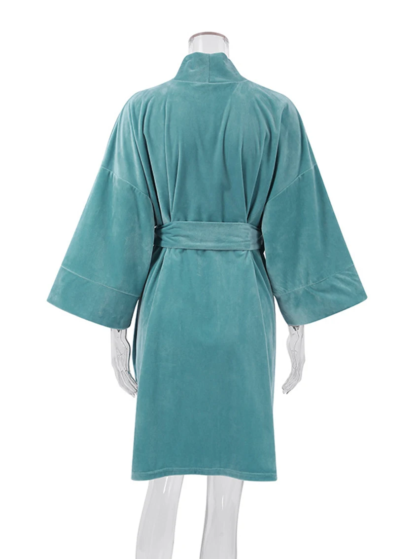 Marthaqiqi Velvet Ladies Robe Sexy V-Neck Sleepwear Long Sleeve Bathrobe Lace Up Nightgowns Knee-Length Dress Home Clothes Women