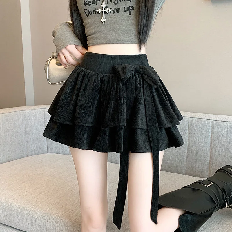 Autumn Winter Women's Dress Clothing New French Gentle Bow Layered Ruffle High Waist A-line Short Coffee Black Color Cake Skirt - Image 4