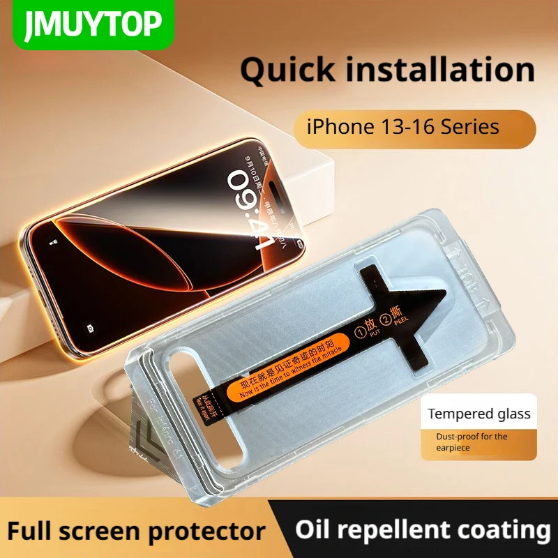 JMUYTOP Premium-Displayschutzfolie für iPhone 16, 15, 14, 13, 12, 11, Pro plus Max, gehärtetes Glas, vollständige Abdeckung, automatisches Staubentfernungsset
