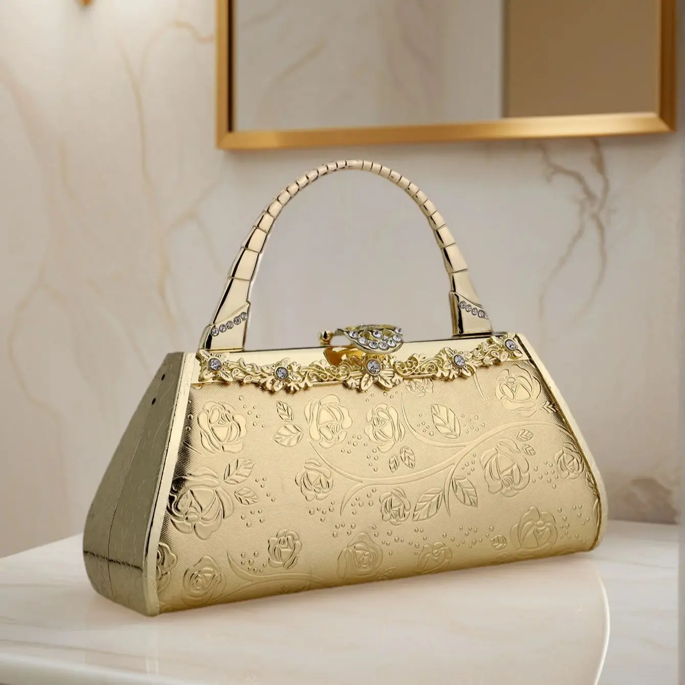 Golden Metal Evening Clutch Bag with Pearl Diamonds for Women
