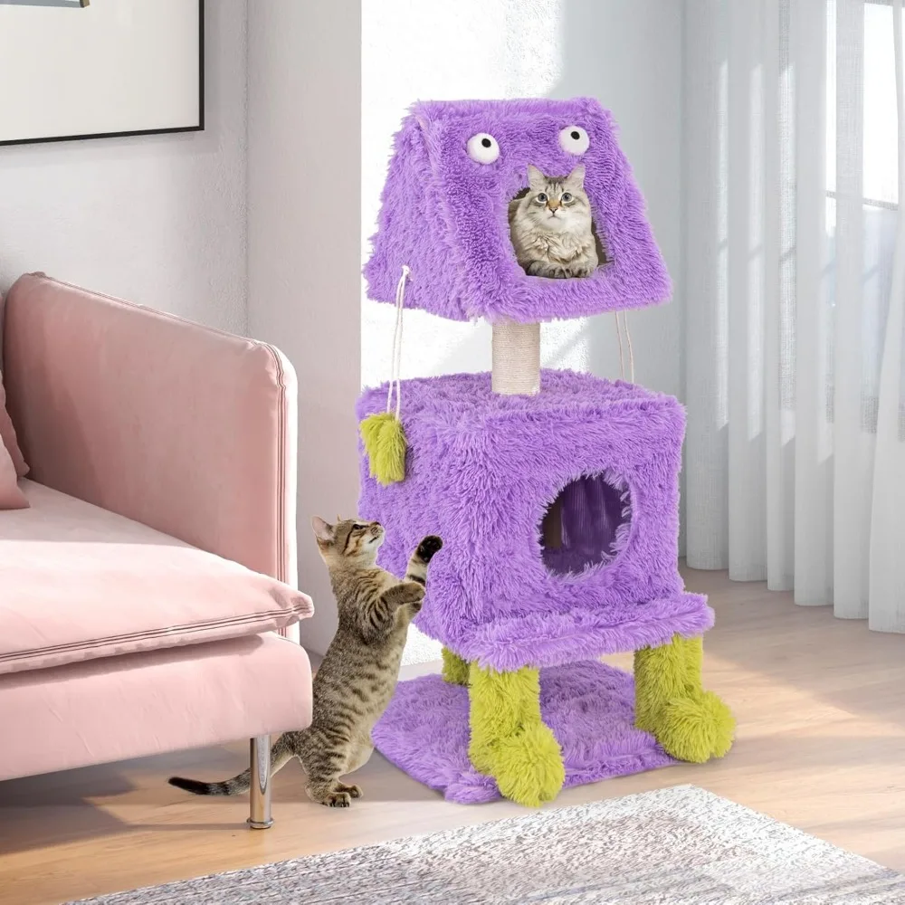 3-Tier Monster-Themed Cat Tower – Sisal Scratching Posts, 2 Enclosed Condos & Hanging Toys