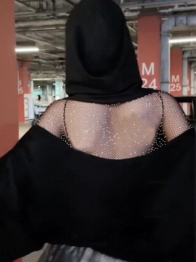 Nibber Backless Hooded Pullover Woman Zip Mesh Patchwork Design Full Sleeve High Street Casual Fashion Simple Style Classic Tops