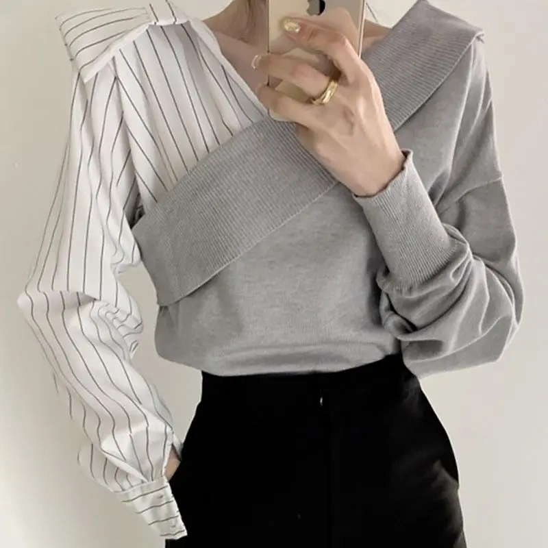 Fashion Loose Striped Knitted Spliced Blouse ladies Casual Autumn Fake Two Pieces Turn-down Collar Shirt Women's Clothing