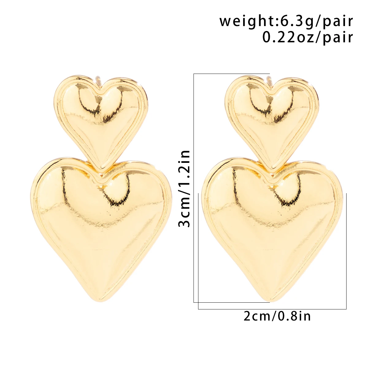Punk Elegant Double Love Heart Drop Earrings for Women Gold