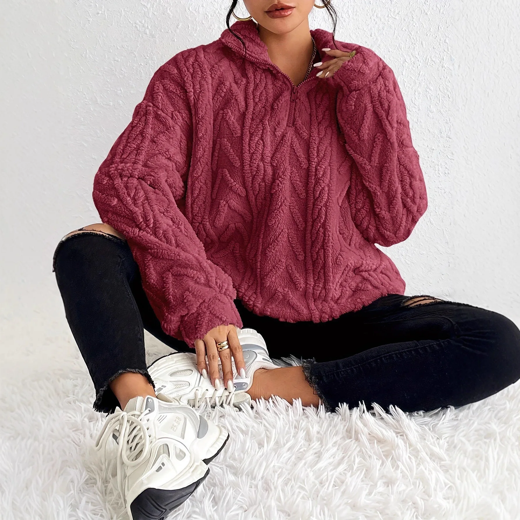 Women Autumn Winter Soft Fluffy Fleece Hooded Sweatshirt