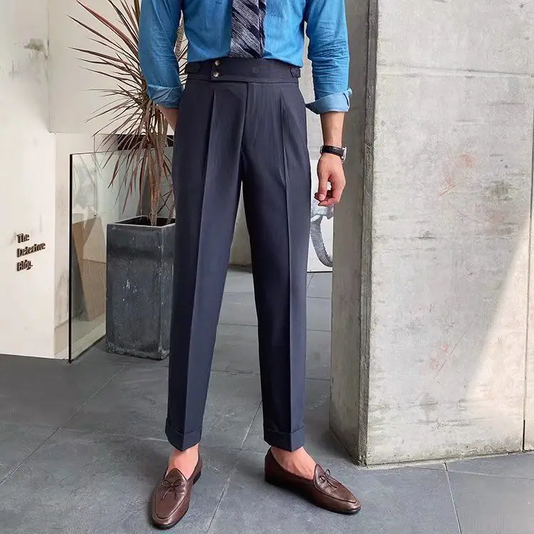 britânico de cintura alta em linha reta calças masculinas calças sociais pant italiano dos homens formal pant pantalones hombre vestido tornozelo calças