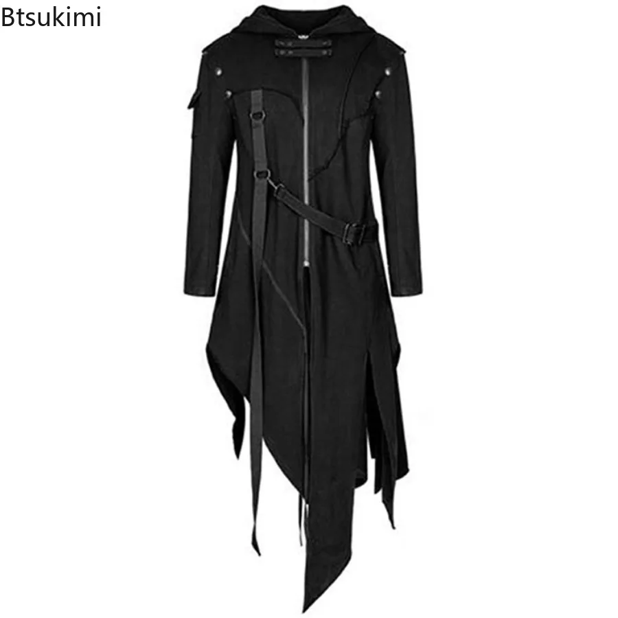 New 2024 Men's Punk Style Irregular Trench Coats Black Gothic Long Hooded Jackets Halloween Man Cosplay Costume Large Size S-5XL