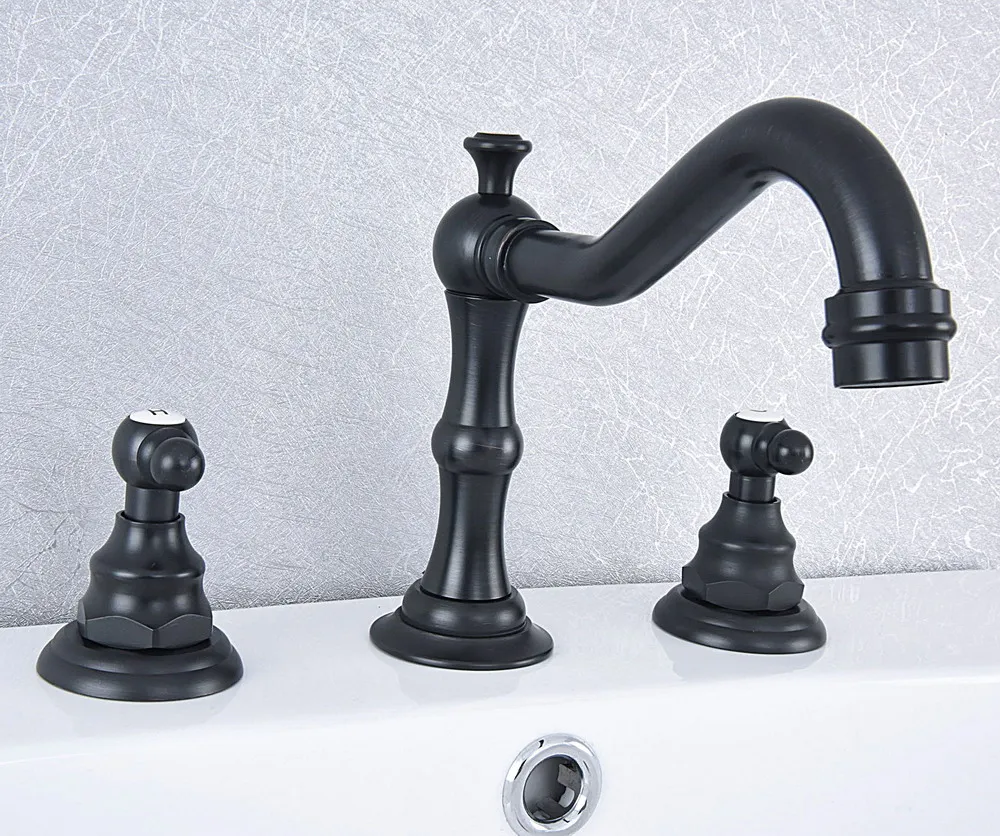 

Black Oil Rubbed Brass Deck Mounted Dual Handles Widespread Bathroom 3 Holes Basin Faucet Mixer Water Taps msf540