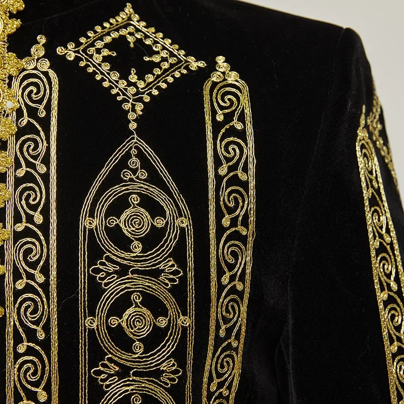 Fashion Men Luxury Embroidered Suit Slim Fit Cardigan Jacket Male Court Wedding Banquet Party Dress Standing Collar Coats
