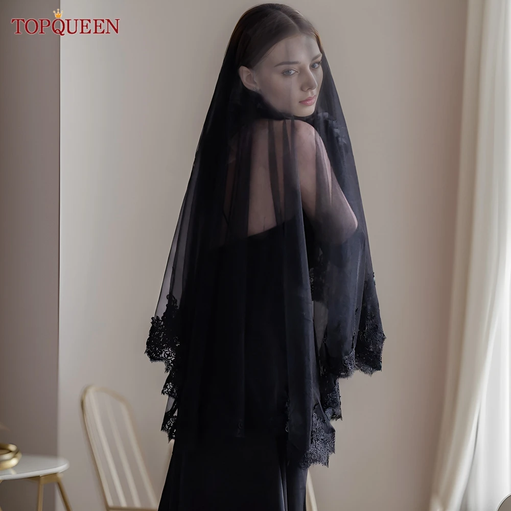 Double Layers Black Lace Edging Veil Halloween Collection Black Blusher Accessory Velo Negro Encaje Mantilla V224 Bridal Veil Catholic Church Veil