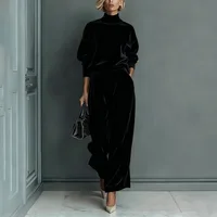2026 Autumn Winter New Style Women Fashion Casual Warm Sportswear Set Velvet Long-sleeved Solid Color High-neck Wide-leg Pants - Image 5