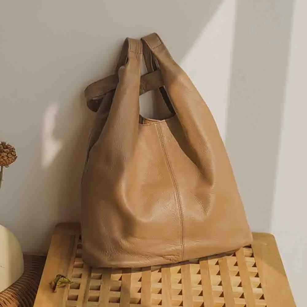 

Motingsome Japanese Style Design Luxury Vegetable Tanned Leather Ladies Handbags and Purses Soft Cowhide Large Tote 2022 New