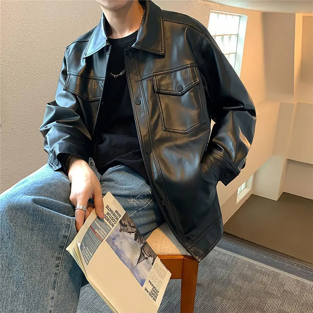 

Men Retro Jacket Men's Spring Fall Faux Leather Jacket With Turn-down Collar Breast Pocket Button Closure Black Coat For Male